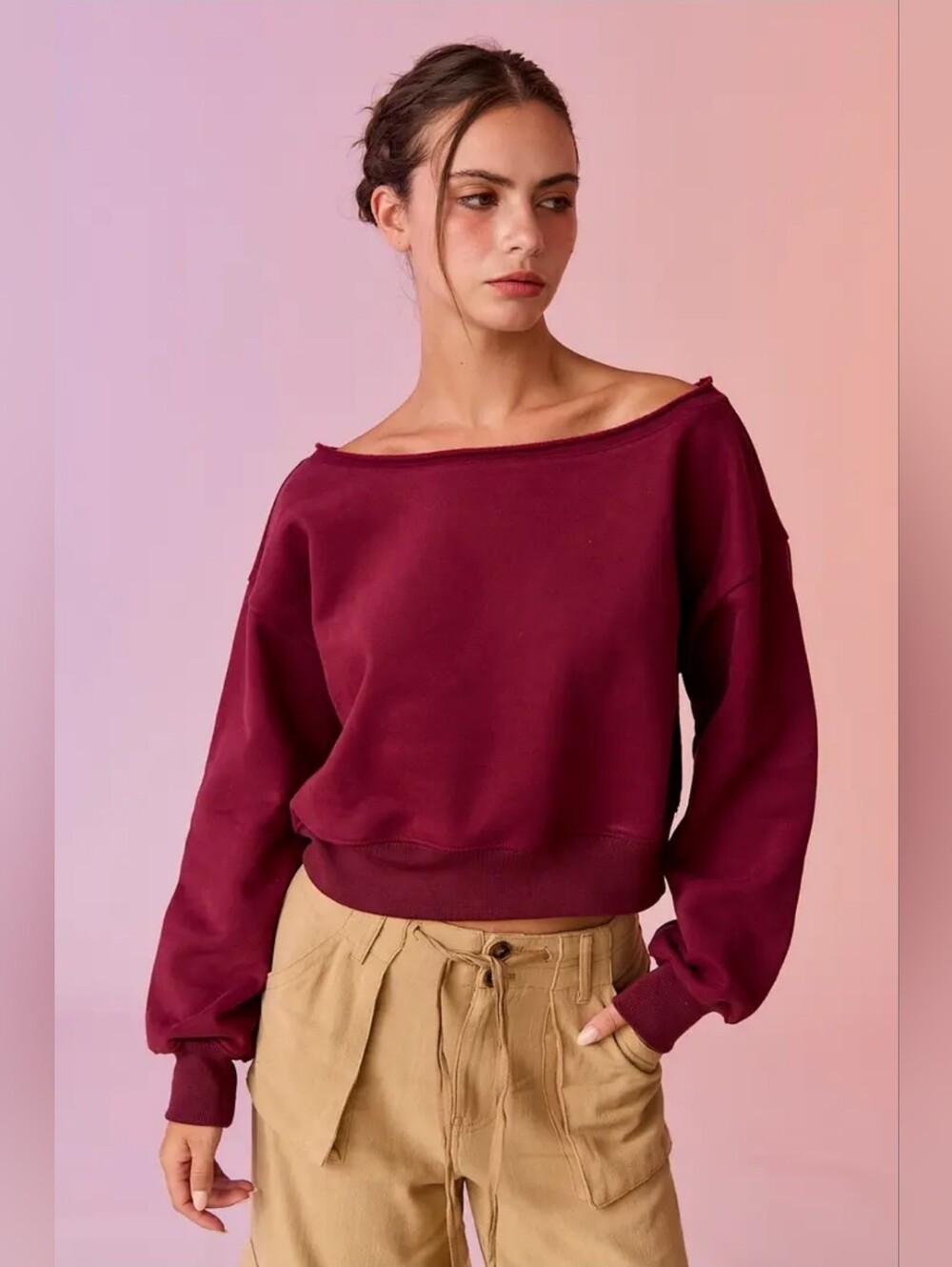 Papermoon Off-Shoulder Wine Maroon Sweatshirt